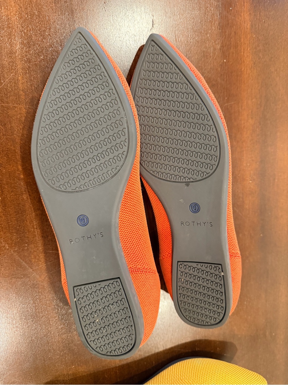 Rothy's Orange Pointed Knit Flats with Blue Trim - Picture 3 of 4